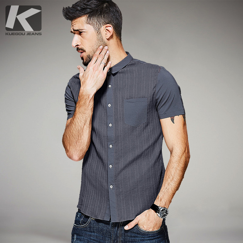 

Wholesale- 2017 Summer Mens Fashion Shirts Patchwork Striped Gray Color Brand Clothing For Man's Short Sleeve Clothes Male Wear Slim Tops