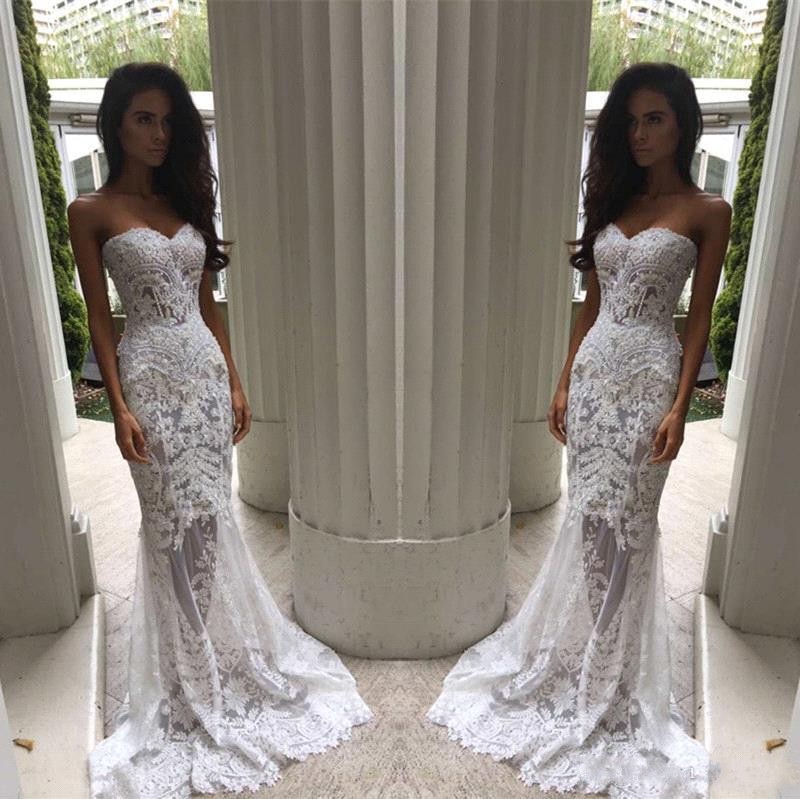 

2017 New Sexy Cheap Mermaid Wedding Dresses Sweetheart White Lace Appliques Beaded SweepTrain Sheer Illusion Plus Size Formal Bridal Gowns