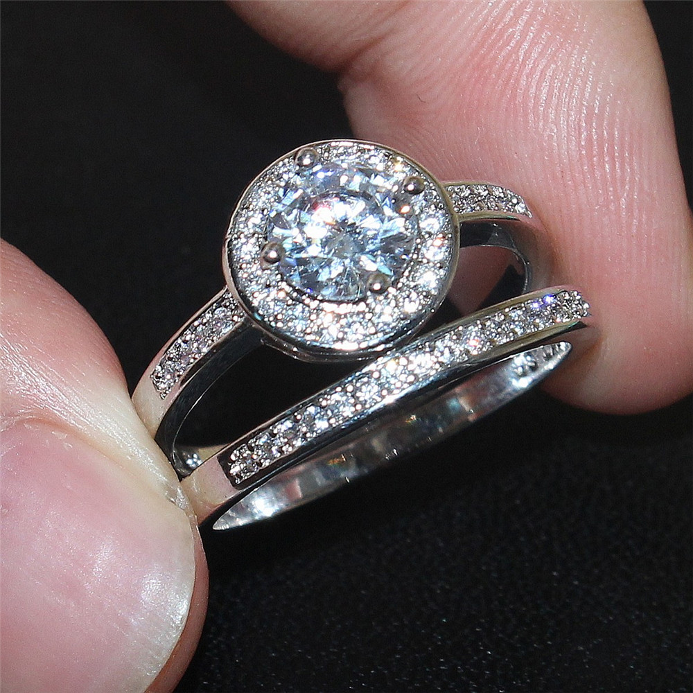 

Bohemian 10KT White gold filled Round CZ Simulated Diamond Rings set wedding Bride Band Jeweler for Women 2-in-1