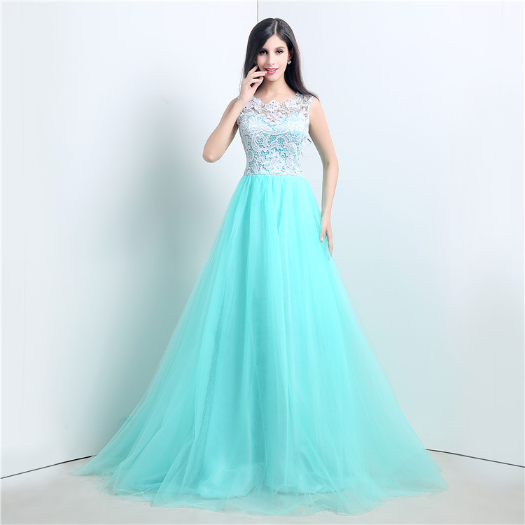 

2021 New Stock Sexy Long A-Line Mint Green Lace Evening Dresses Applques Tulle Floor-Length Prom Party Gowns, Same as picture