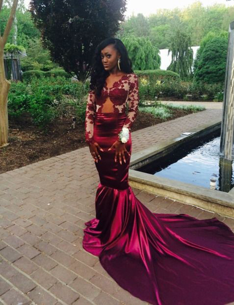 

Robe De Soriee Mermaid burgundy Prom Dresses V Neck Custom Made Satin Long Sleeve Applique lace Modest Evening Party Gowns, Gold