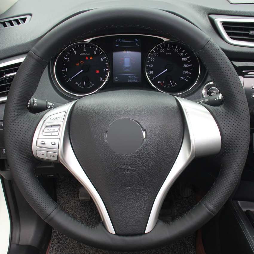 Black Leather Hand-stitched Car Steering Wheel Cover for Nissan Teana Altima 2013-2016 X-Trail QASHQAI Rogue 2014-2016 Sentra-image-403487563