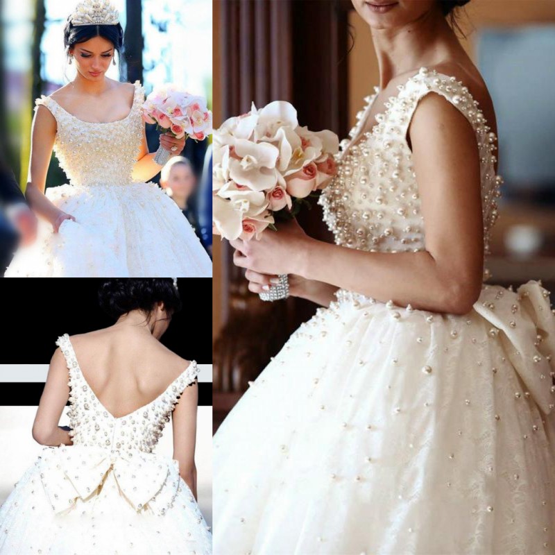 

Charming Pearls Beading Luxury Lace Wedding Dresses 2017 Scoop Neckline Open Back With Bow Ball Gown Bridal Gowns Vestido Noiva Custom Made, Same as image