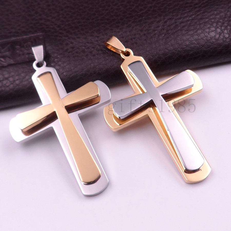 

Cool Men's Fashion Stainless Steel silver&gold Cross Pendant Curb chain 24