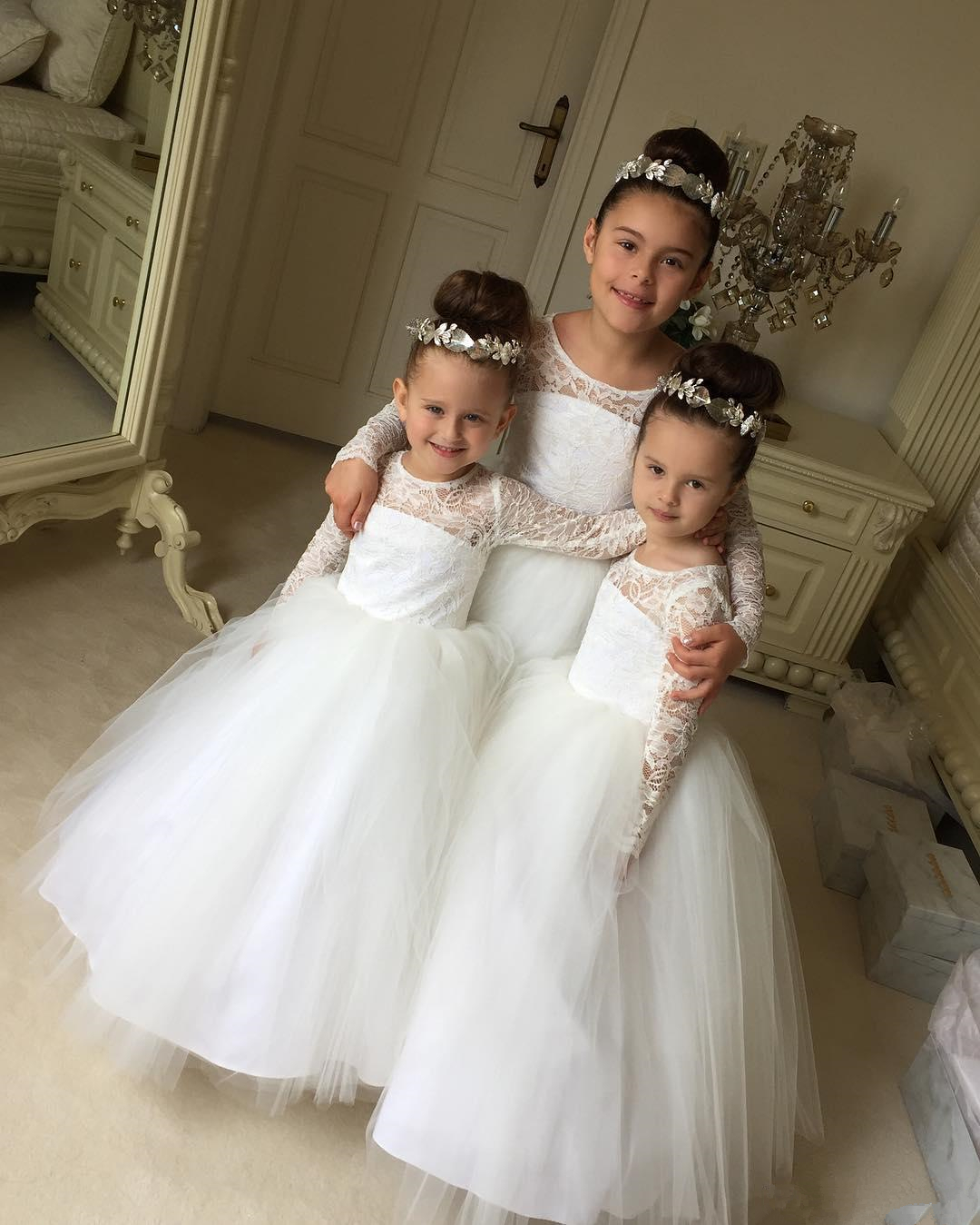 

2019 white First Communion Dresses Puffy Lace ankle length Tulle long sleeves Ball Gown princess Flower Girl Dresses birthday Pageant gown, Black