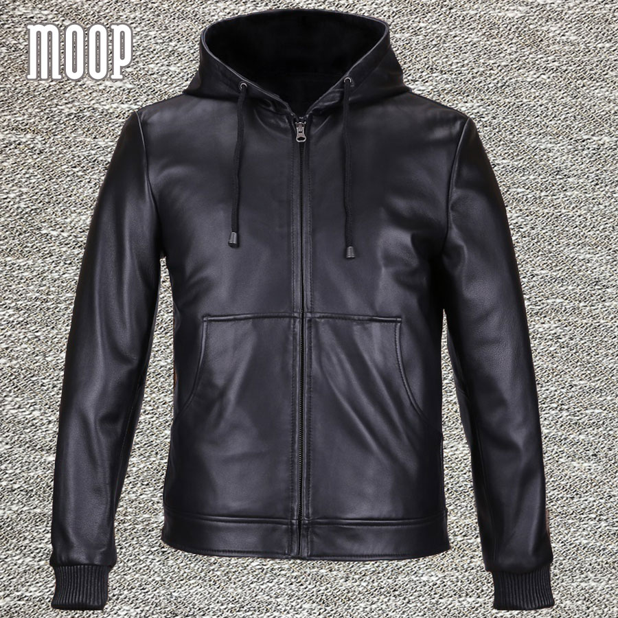 

Fall-Black genuine leather jackets and coats men 100%lambskin hooded motorcycle jacket coat veste cuir homme 2 patch pockets LT559, Black as pic