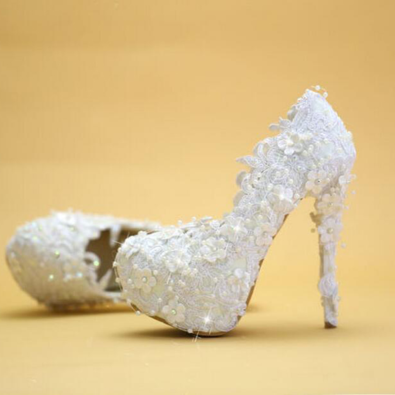 

Wedding Shoes White Lace Elegant Bride Dress Shoes Thin Heel Platform Bridesmaid Shoes New Designer Women Party Pumps