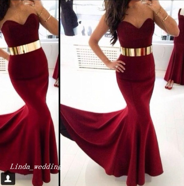 

Burgundy Wine Red Gold Sash Prom Dress Beautiful Mermaid Women Special Occasion Dress Evening Party Gown