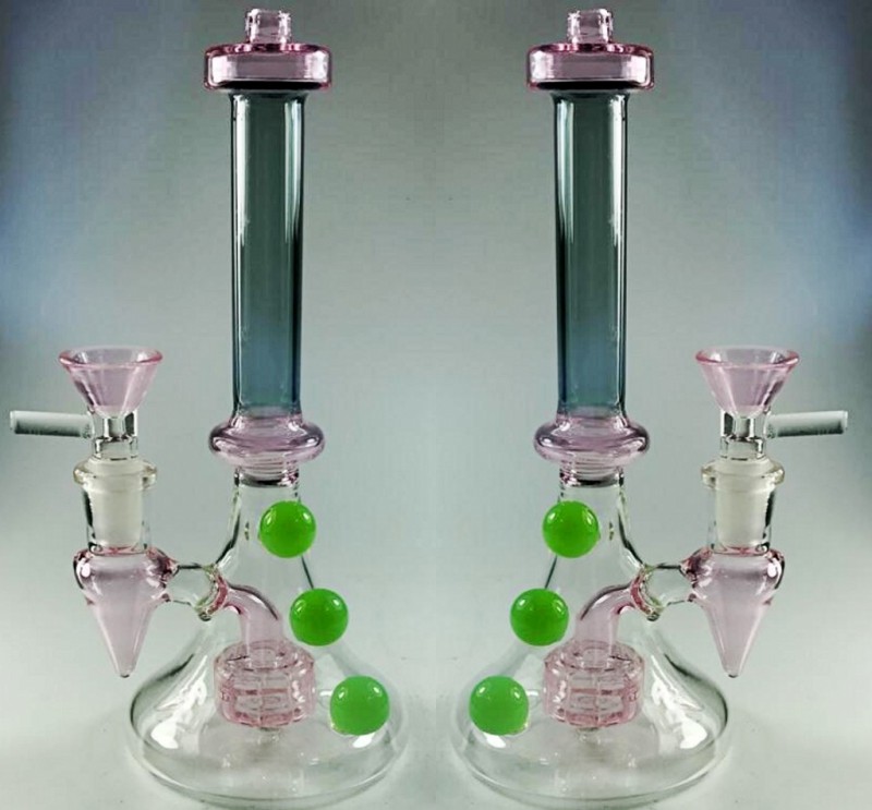 

19cm Tall Glass Bongs With Foam Box Pink Tire Perc Oil Rigs Glass Bongs Bowl 14.4mm Two Fuction Cheap Smoking Water Pipes
