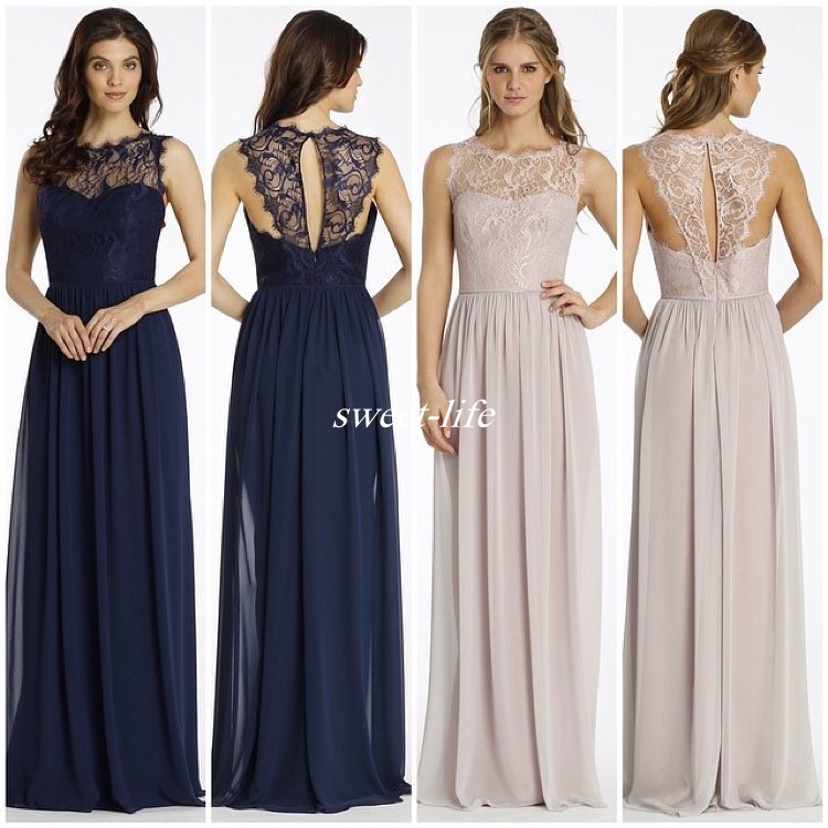 

Lace Bridesmaid Dresses Long Chiffon Backless Sheer Bateau Neck Summer Beach Maid of Honor Dress Party Gowns