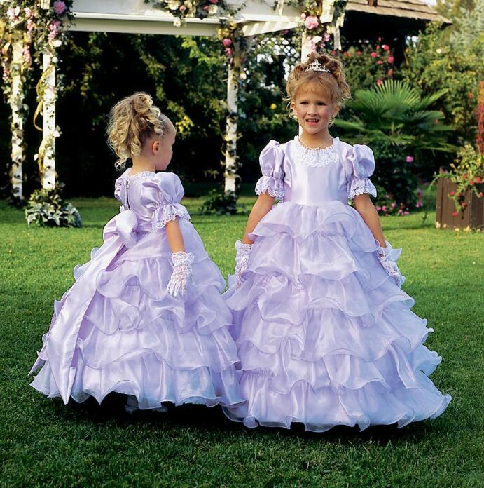 

light purple jewel pageant dress for girl short sleeves floor length many tiered organza lace applique birthday party dress for children, Black