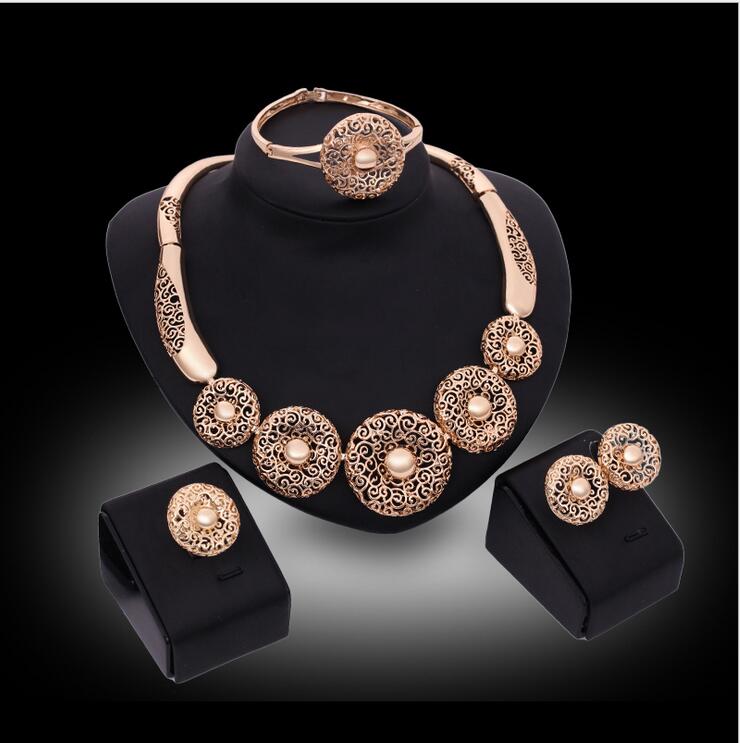 

Best gift Three dimensional Carving Round shape Jewelry Sets necklace bracelet earrings rings 18K gold jewelry family of four GTOMKS026, Golden