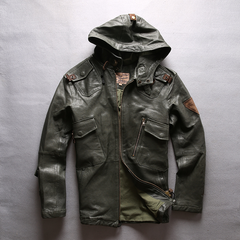

Army green AVIREXFLY genuine leather jackets with hoody slim fit sheepskin motorcycle leather jacket flight jackets, Camouflage
