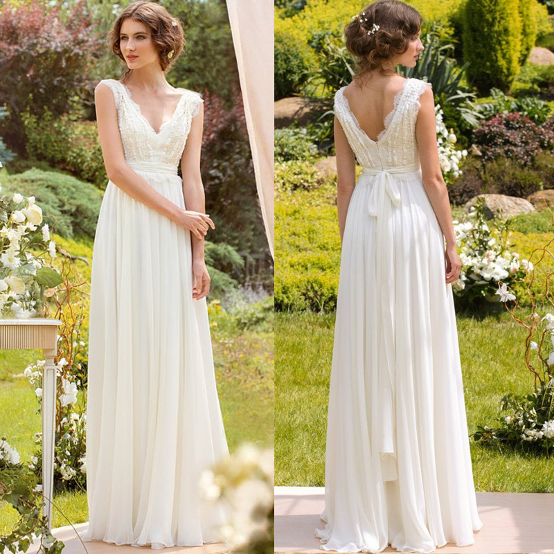 Sexy V-Neck Printemps Bohème robe de mariée en dentelle à mancherons appliques en mousseline de soie robe de mariée avec Bretelle