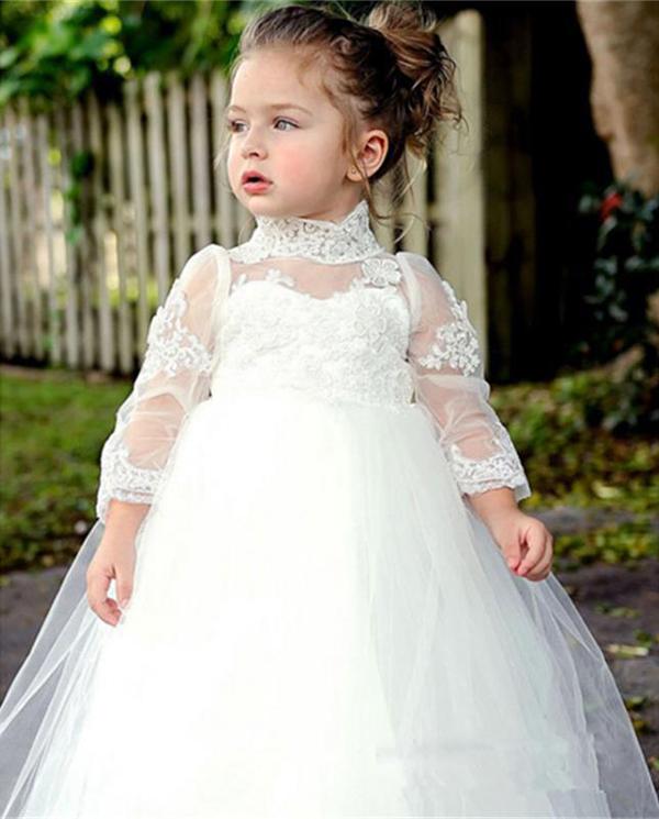 

Lovely Lace High Neck Flower Girls Dresses Long Sleeves 2022 Tulle Ball Gowns Little Kids Skirts Princess First Communion Dresses Children, Fuchsia
