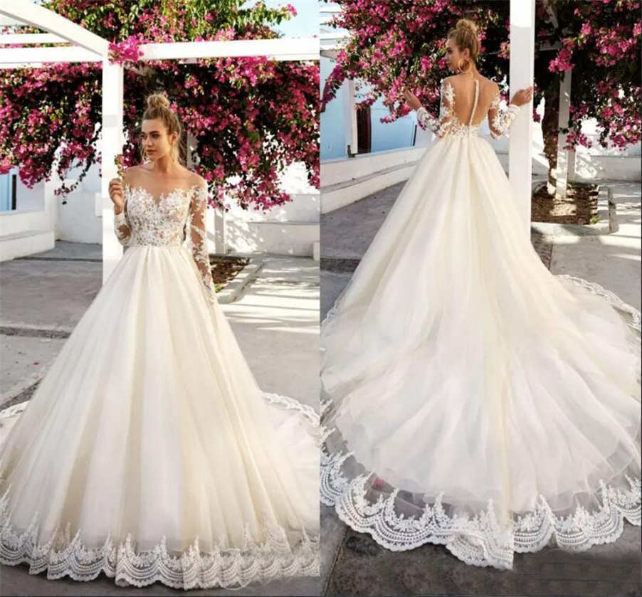 

Vintage Lace Boat Neck Illusion Bodice Appliques Bridal Gowns Arabic Dubai Wedding Gowns Elegant Long Sleeve Lace Wedding Dresses, Pink