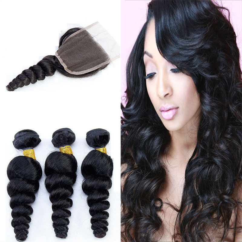 

Peruvian Hair Weaves and Closures Peruvian Malaysian Brazilian Loose Wave Bundles 3 pcs Hair With 1 Lace Closure Human Hair Extensions, Natural color