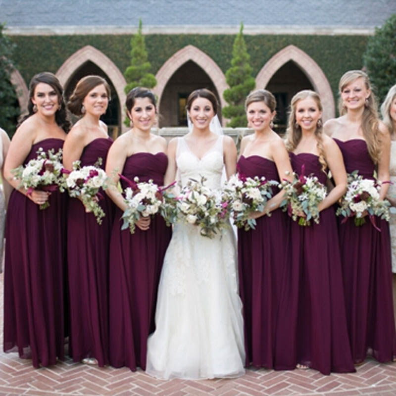 

Bridemaids Dresses Grape Purple Maroon Long Cheap High Quality Bridesmaid Gowns Ruched Chiffon Floor Length Sweetheart Sleeveless