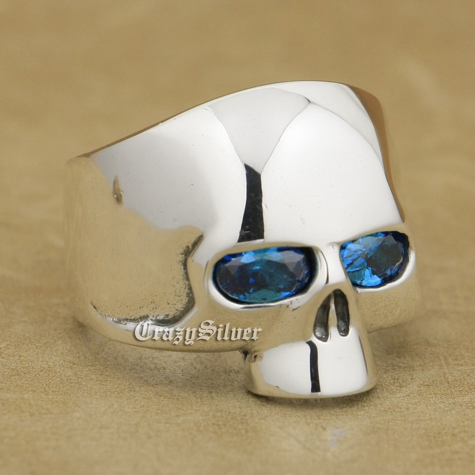 

Dark Aquamarine Eyes 925 Sterling Silver Skull Mens Biker Rocker Punk Ring 9G103 US Size 7 ~ 15