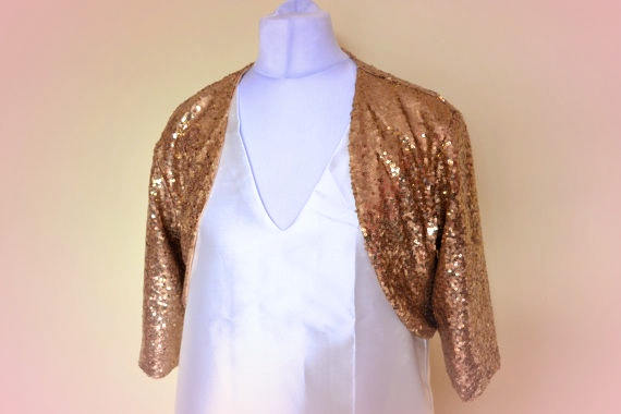 

Custom Made Gold Sequins Wedding Bridal Jacket 3/4 Long Sleeve wedding bolero Bridesmaid Jacket, Beige
