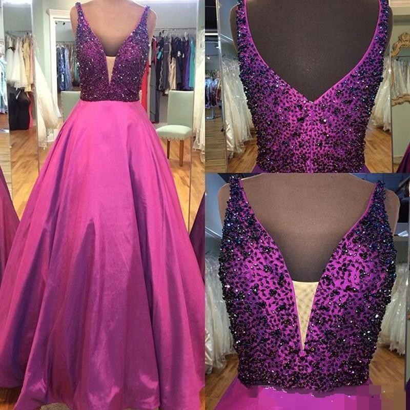 

Fuchsia Black Beaded Formal Evening Dresses 2017 Deep V Neck Open Back Sweep Train Prom Occasion Gowns Custom Made Party Wears, Pink