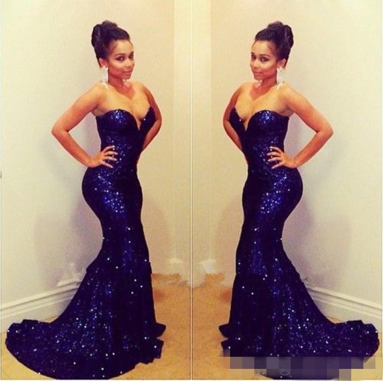2019 robes de cérémonie mousseux chérie sans manches sirène longue et profonde bleu dentelle paillettes robes de bal robe de soirée robes de soir