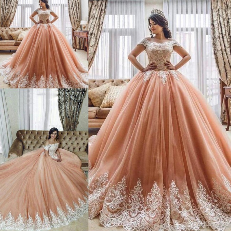 

Saudi Arabia Coral Wedding Dresses Lace Cap Top Sleeves Bridal Gowns Tulle Ball Gown Court Train Dubai Wedding Vestidos Custom Made, Ivory