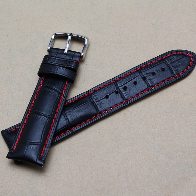 18mm 20mm 22mm 24mm nouveau bracelet de montre en cuir véritable noir Bracelet de montre Bracelet avec fil rouge