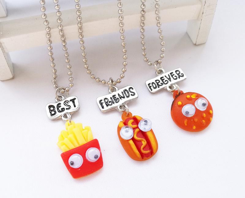 

Charm Necklaces 3pcs /set Best friends forever necklace children simulation resin hamburgers hot dog fries eye BFF good friends necklace