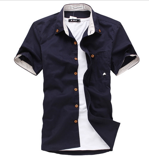 

2016 summer mens dress shirts personality small mushroom embroidery Korean Slim shirt men short-sleeved shirt, Navy blue