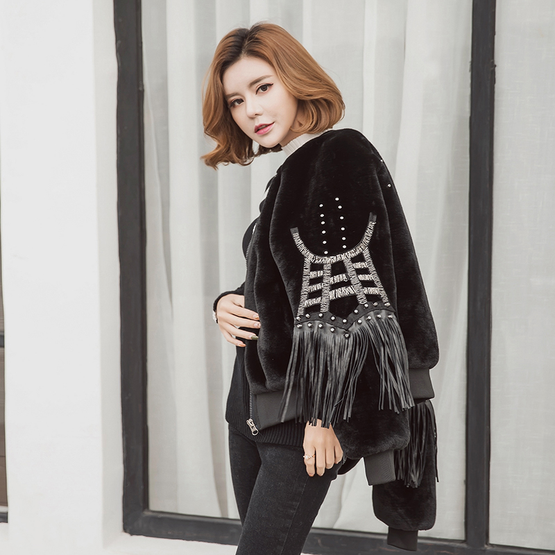 

Wholesale- BringBring 2017 Winter Women Black Velvet Bomber Jacket With Tassel on Long Sleeves Thicken Woman Army Jackets With Rivet 1767, Ivory