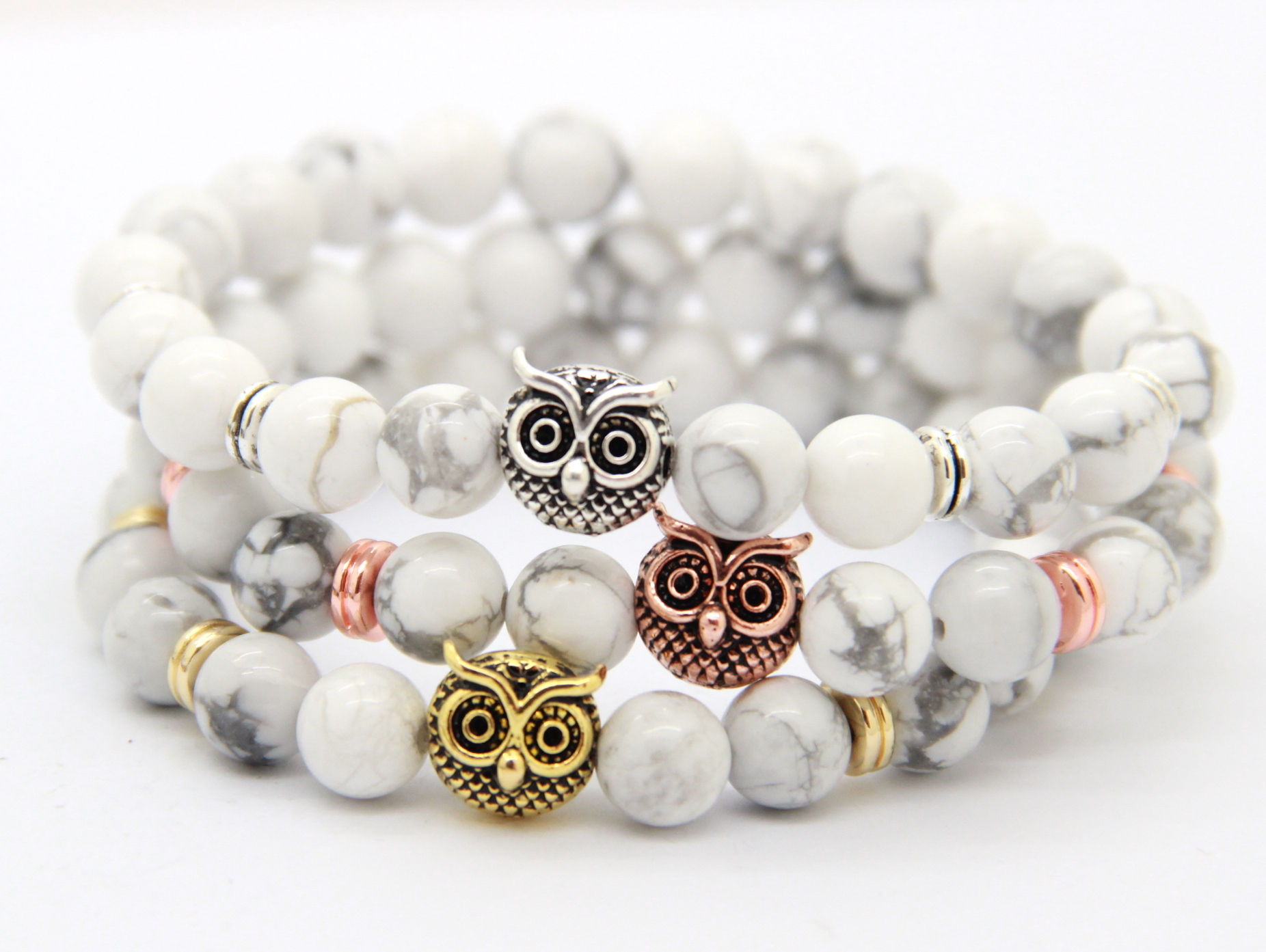 

2016 New Design Top Quality 8mm Natural White Howlite Stone Beads Antique Gold, Rose Gold, Silver Owl Bracelets, Exquiste Gifts