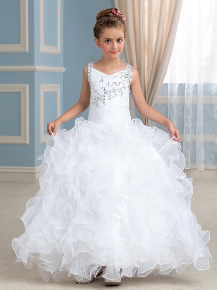 Jolies bretelles en Organza blanc perles robe de demoiselle d'honneur jupes d'anniversaire robes de concours de fille taille personnalisée 2-14 F