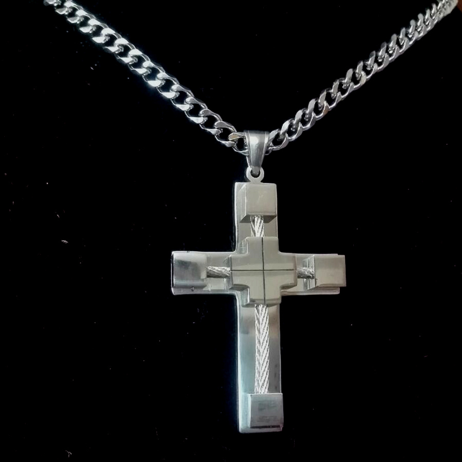 

18-40" MENS Stainless Steel 6mm Silver Cuban Curb Link Chain Necklace Cross Pendant
