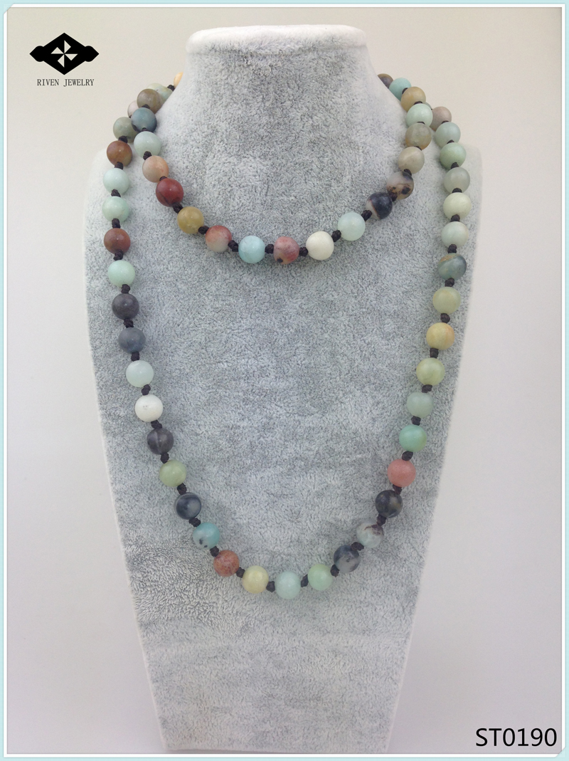 

ST0190 32 inches Long Necklace Knotted Stone Amazonite Jasper Unakite Semi Precious Stone Necklace for women