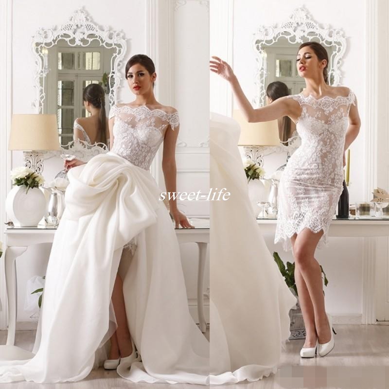 

Maison Roula 2020 Short Boho Beach Wedding Dresses Off Shoulder Full Lace Bride Gowns with Detachable Train Vintage Bridal Dress, Red