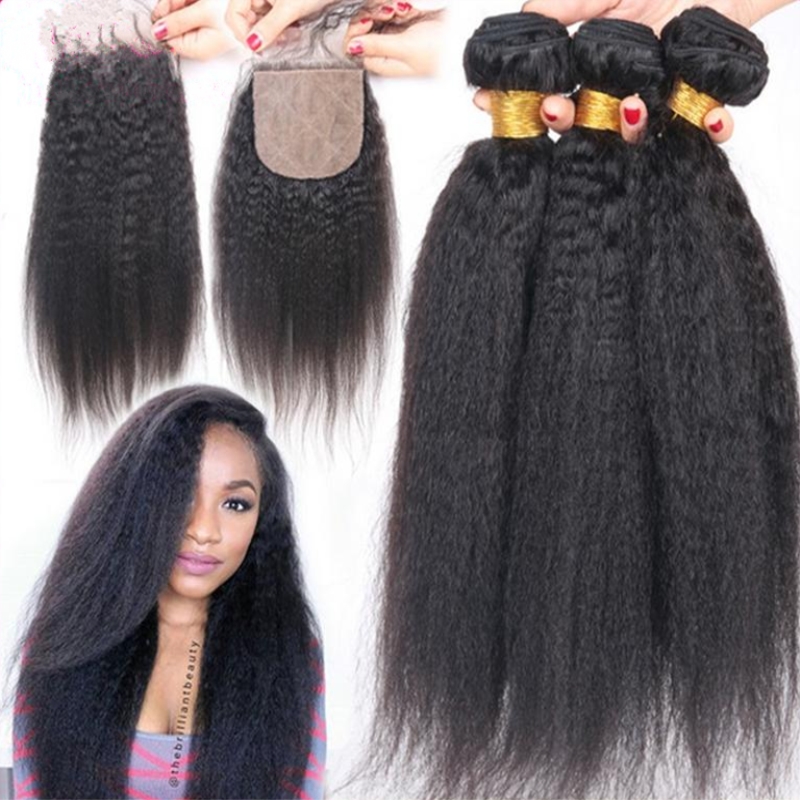 

Kinky Straight Hair Bundles With Silk base Closure 4x4 9A Virgin Human Hair Lace Closure With Hair Extensions 4Pcs/Lot, Natural color