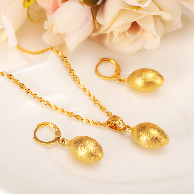 

Egg Oval Bead Necklace Pendant Bullet Earrings Jewelry Set Party Gift 14k Yellow Fine Gold GF Africa ball Women Fashion, Golden