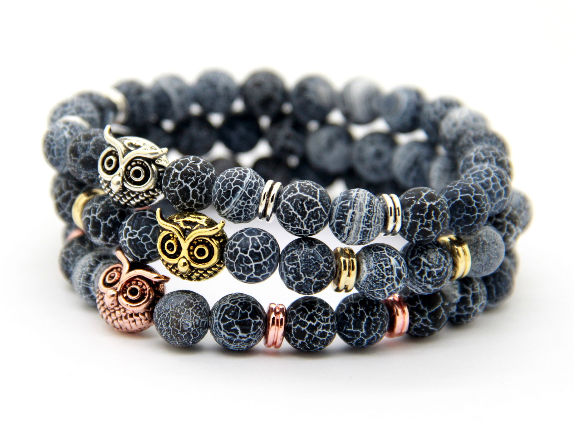 

2016 New Design Jewelry Wholesale 8mm Weathering Agate Stone Antique Gold, Rose Gold, Silver Plated Owl Bracelets Party Gift