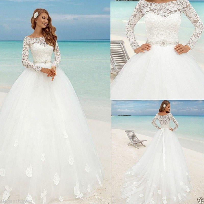 

Beautiful Beach Long Sleeve Ball Gown Wedding Dresses Boat Neck Lace Floral Fitted Beaded Sash Summer Bridal Cheap arabic Bohemian Country, Silver