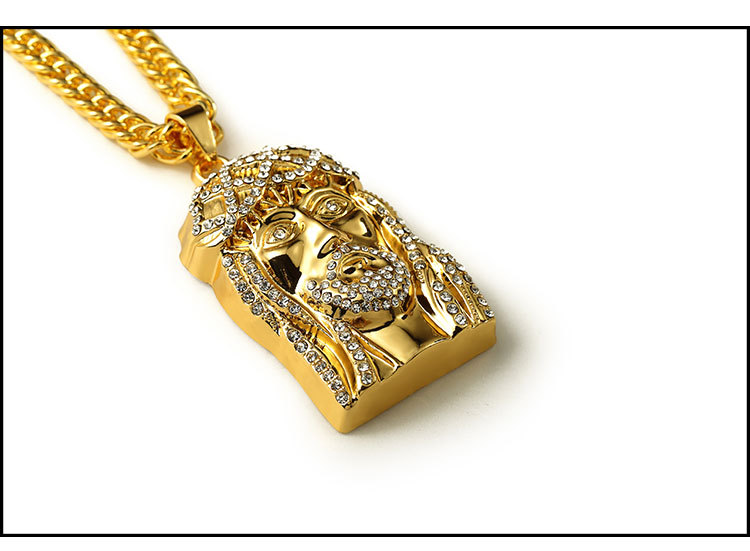 

Punk 24K Gold Plated Jesus Face Head Iced Out crystal Pendant Necklace Hip hop Rock Punk Jesus Pendant Mens cool chain Necklace Jewelry