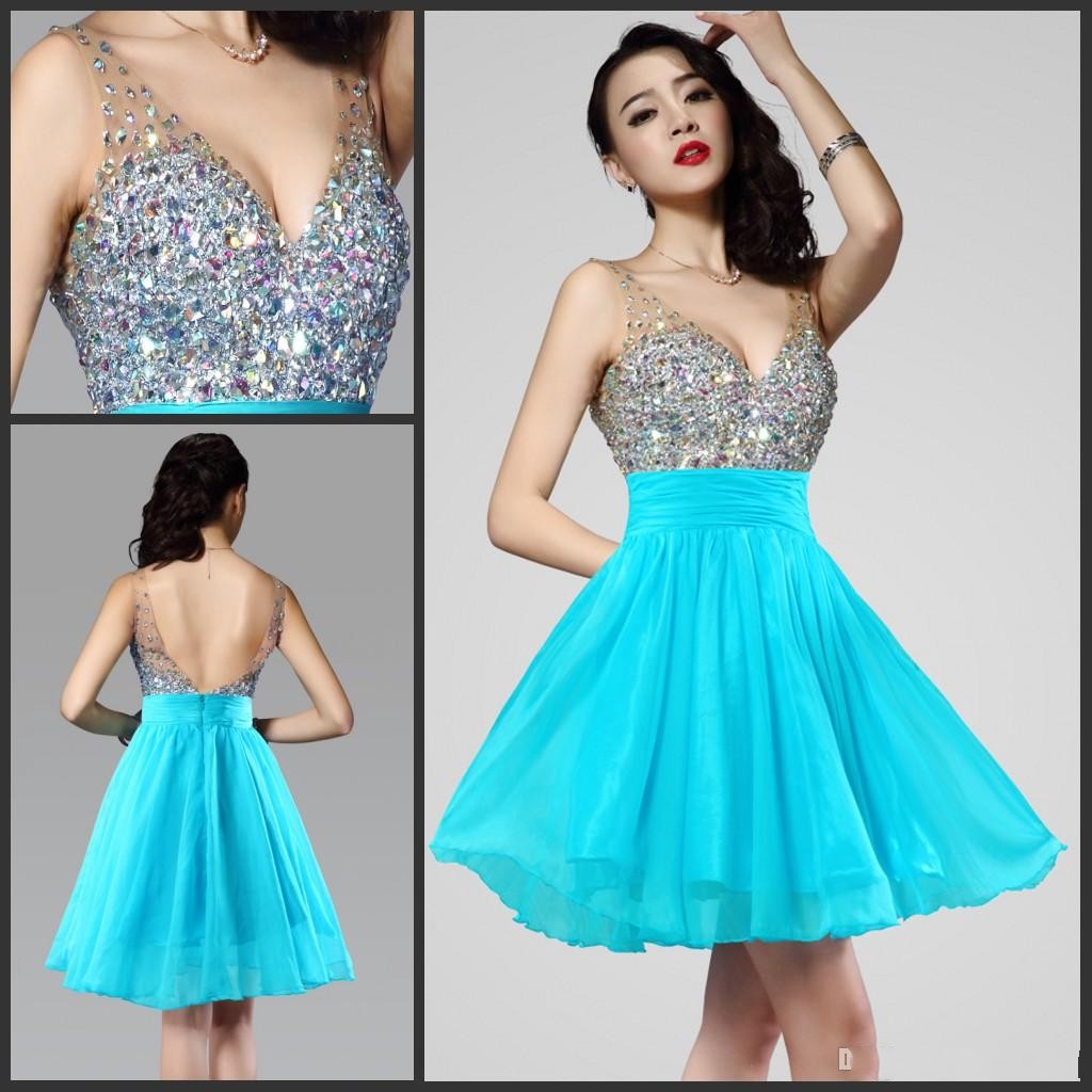 

2017 Light Blue Sparkly Short graduation party Dresses with Rhinestone Beadings Sequins Chiffon Sexy Low Back Homecoming prom Party Gowns, Hunter