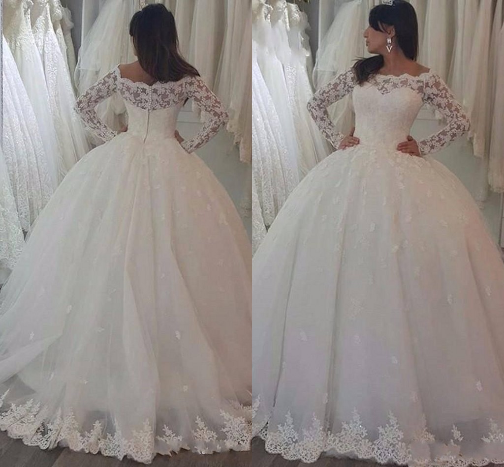 

2017 New Arrive Ball Gown Wedding Dresses Scoop Neck Long Sleeves Lace Appliques Beads Puffy Button Back Sweep Train Formal Bridal Gowns, White