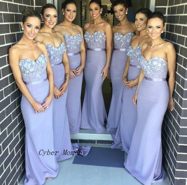 

Free Shipping Elegant Lilac Long Bridesmaid Dress Mermaid Appliques Maid of Honor Dress Vestidos de Noiva Fast Shipping