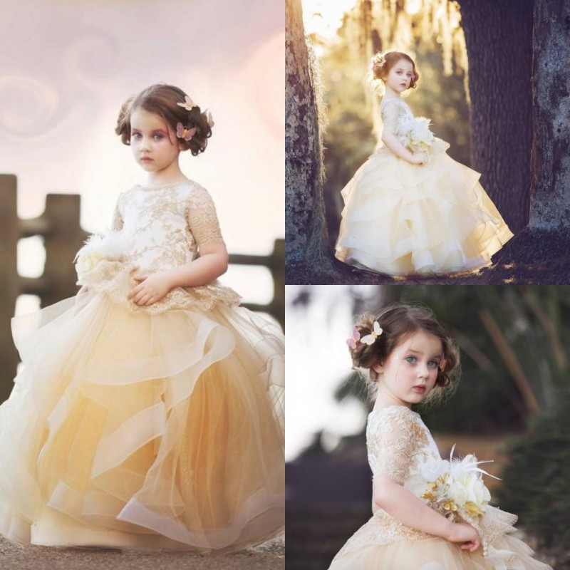 

Gold Lace Ball Gown Flower Girls Dresses For Wedding Dress Communion With Sleeves Feather Bead Cupcake Pageant Gowns