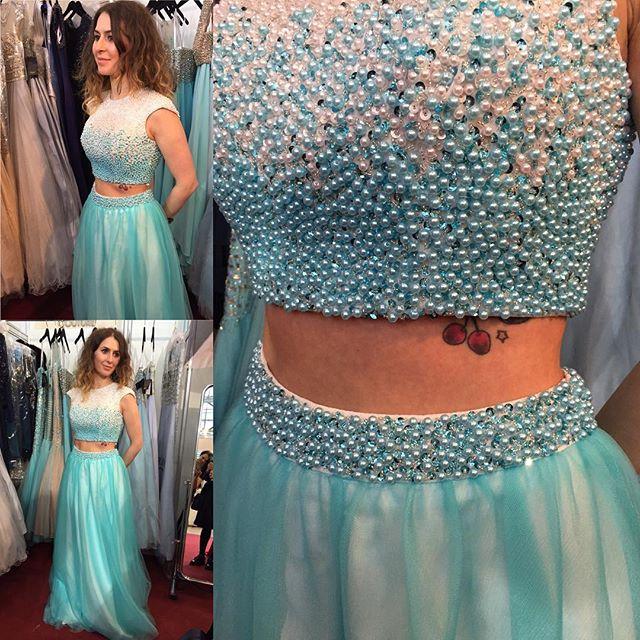 

Turquoise Green Two Piece Prom Dresses 2016 with beaded A Line Robe De Soiree Sheer tulle women wear Party Prom Gowns, Red