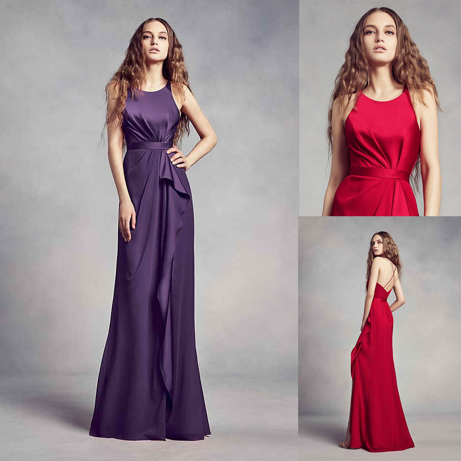 

Charmeuse and Chiffon Bridesmaid Dress with Ruffle Side VW360340 Crisscross Spaghetti Straps Back Long Wedding Party Dress