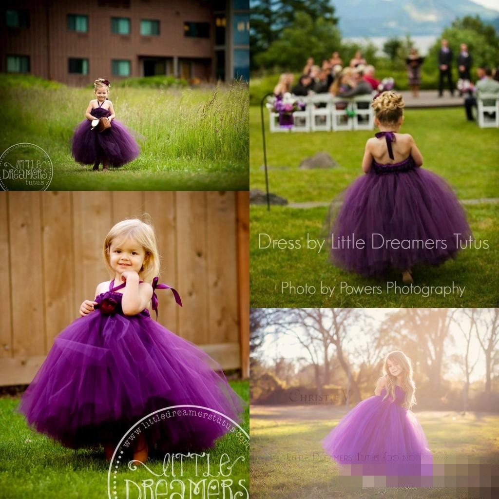

2019 Perfectly Plum Tutu Dresses Halter Ball Gown Grape Purple FLoor Length Tulle Princess Flower Girls Dress Backless Pageant Gowns, Blue