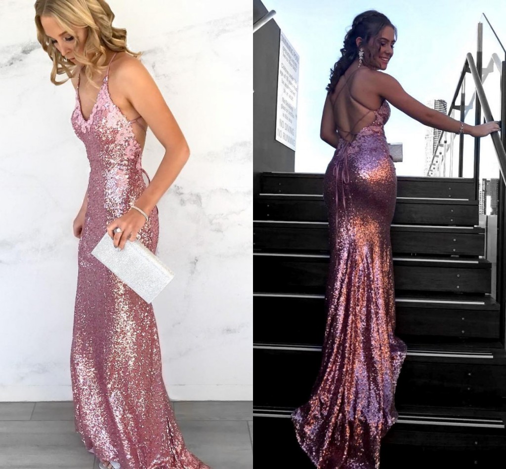 

Rose Pink Sequin Evening Dresses Elegant V Neck Spaghetti Appliques Criss Cross Back Sexy Backless Evening Gowns Mermaid Prom Dresses, Hunter green