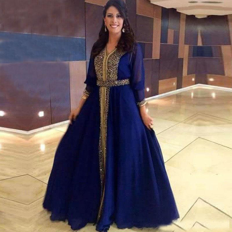 

2019 Dubai Caftans Evening Dresses with Gold Beaded Long Sleeves Chiffon Celebrity Formal Prom Gowns Elegant A Line Cheap Dress, Chocolate